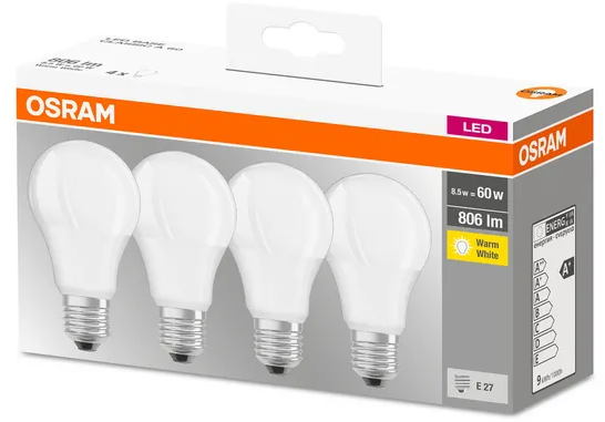 819450 Boite de 4 Lampes E27 Filament LED dépolie, 8 WATT = 60 WATT, 806 lumens, blanc chaud 2 700 K